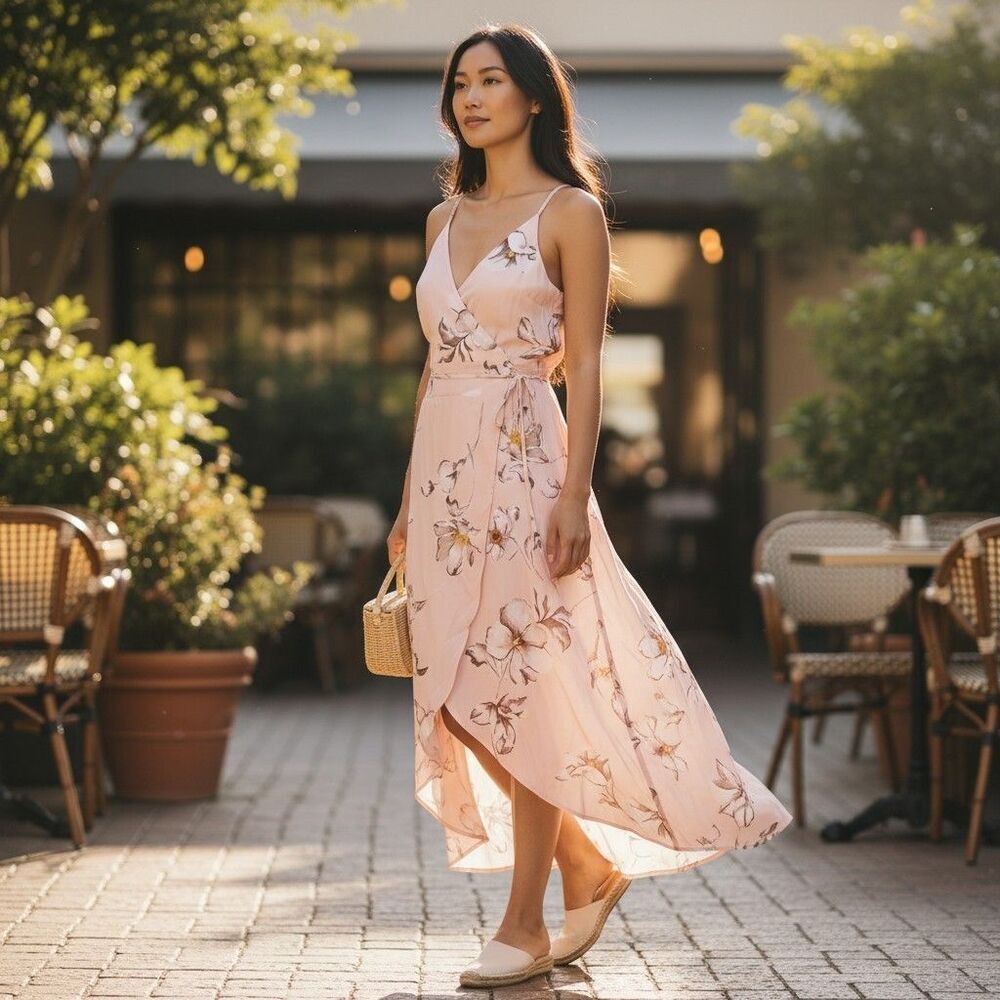J.O.A. Midi Dress Women’s Small Floral Beige Multi V-Neck Spaghetti Straps